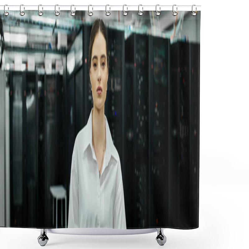 Personality  Woman In A White Shirt Works Diligently In A High-tech Server Room, Ensuring Digital Security, Banner Shower Curtains