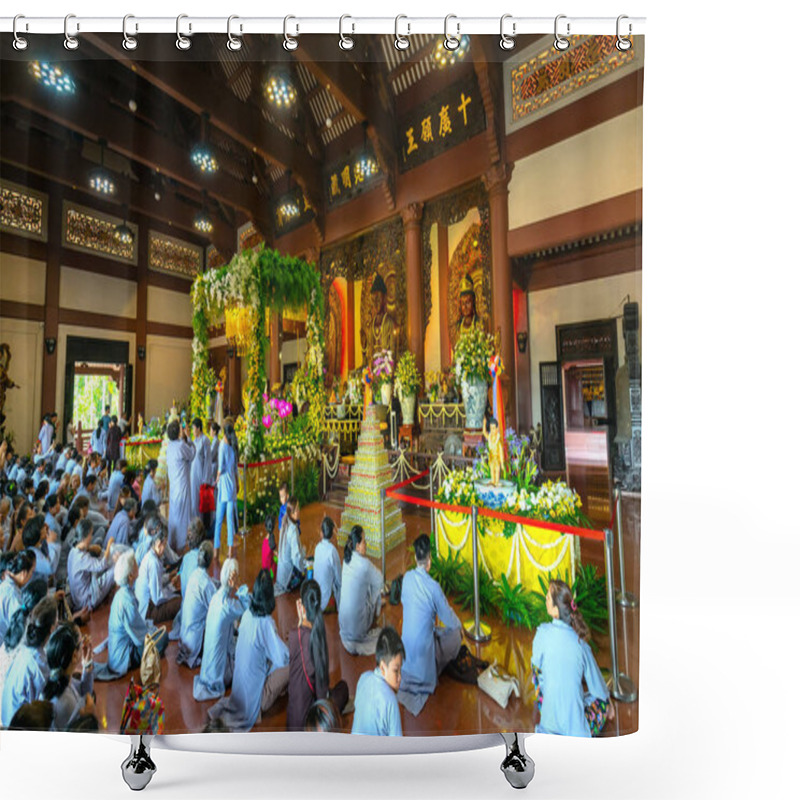 Personality  Ho Chi Minh City, Vietnam - May 29, 2018: Buddhist Praying Buddha In Buddha's Birthday Celebrations Being Held In Pagoda Morning As A Ritual Of Traditional Culture In Ho Chi Minh City, Vietnam Shower Curtains