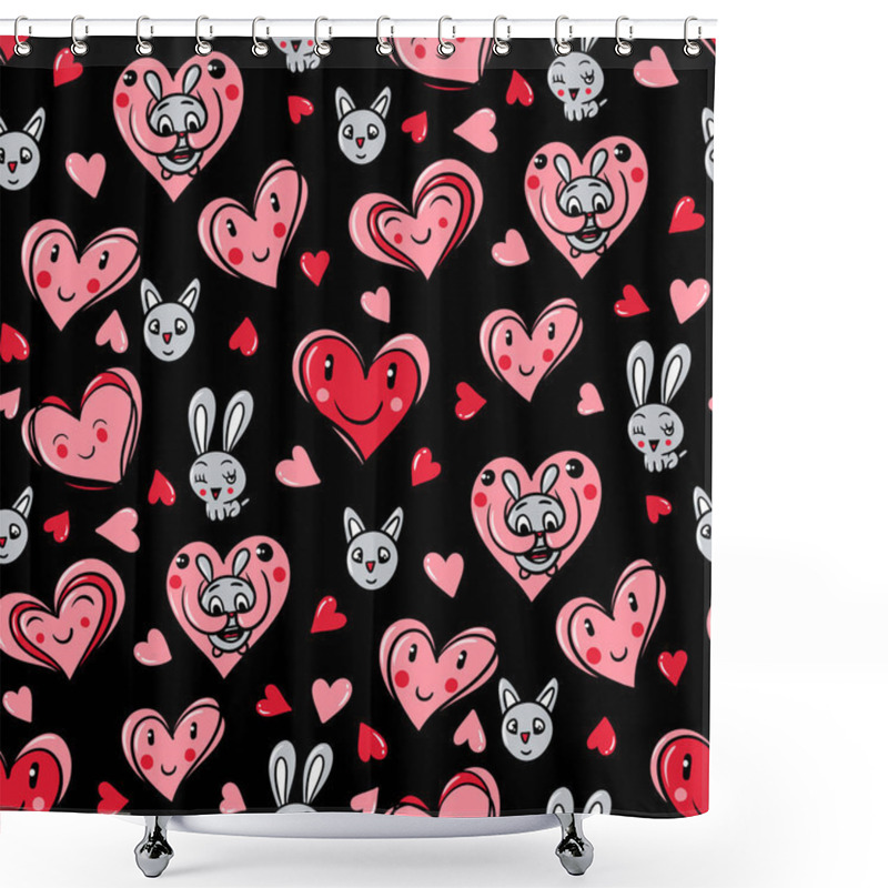 Personality  Seamless Pattern With Hearts And Cute Rabbits. Valentine's Day Pattern Illustration On Black Background. Shower Curtains