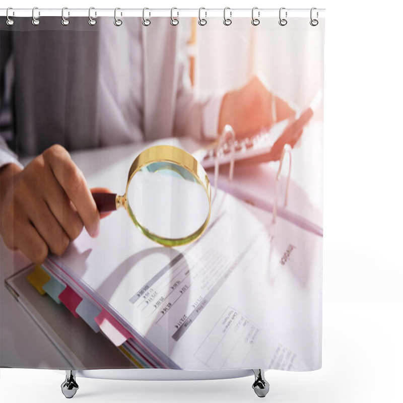 Personality  Photo Of Businesswoman Analyzing Invoice With Magnifying Glass Shower Curtains