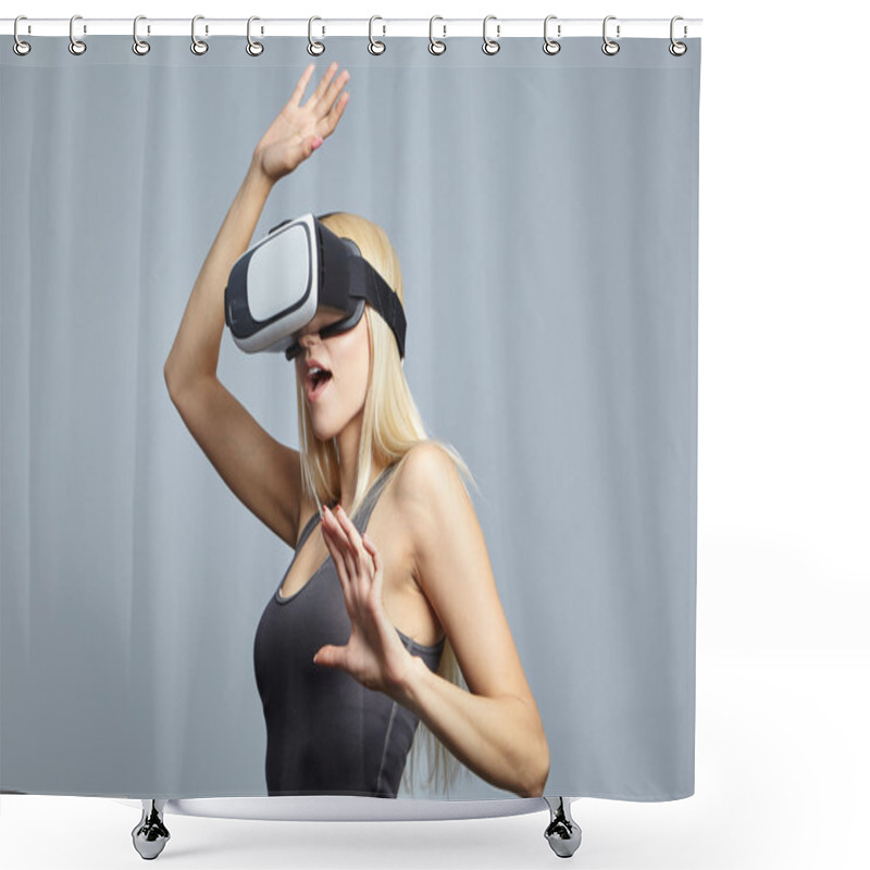 Personality  Woman Using The Virtual Reality Headset Shower Curtains