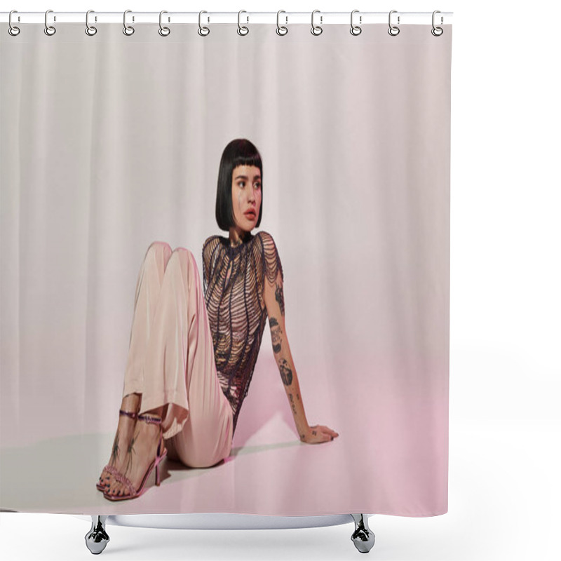 Personality  A Fashionable Young Woman Poses Elegantly With Striking Tattoos. Shower Curtains