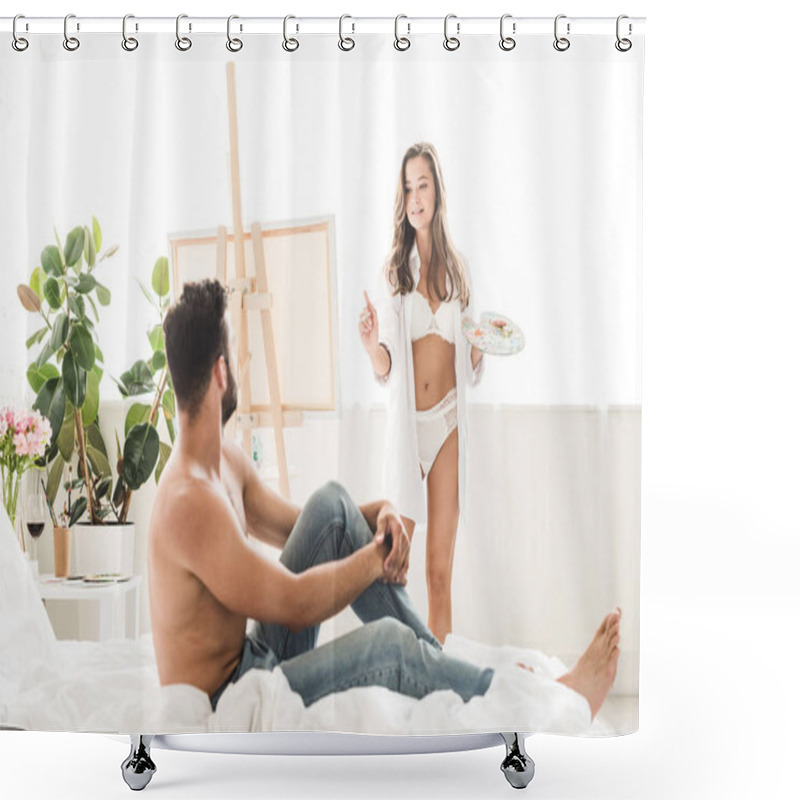 Personality  Sexy Girl In White Underwear Drawing Man While Guy Sitting In Bed Shower Curtains