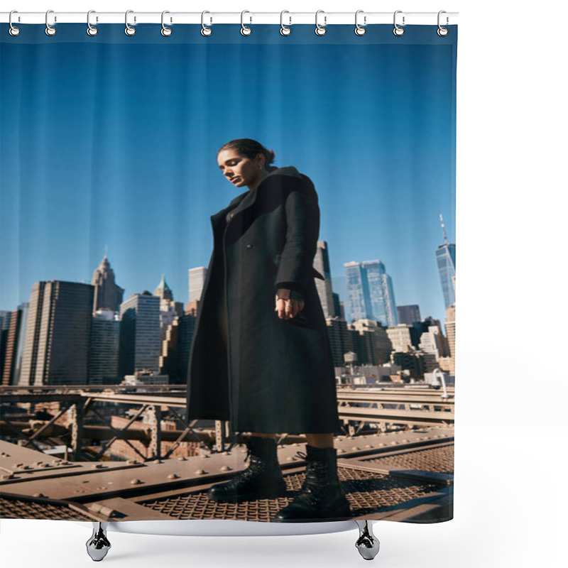 Personality  A Woman Dances On A Bridge In New York City, With The Manhattan Skyline In The Background. Shower Curtains