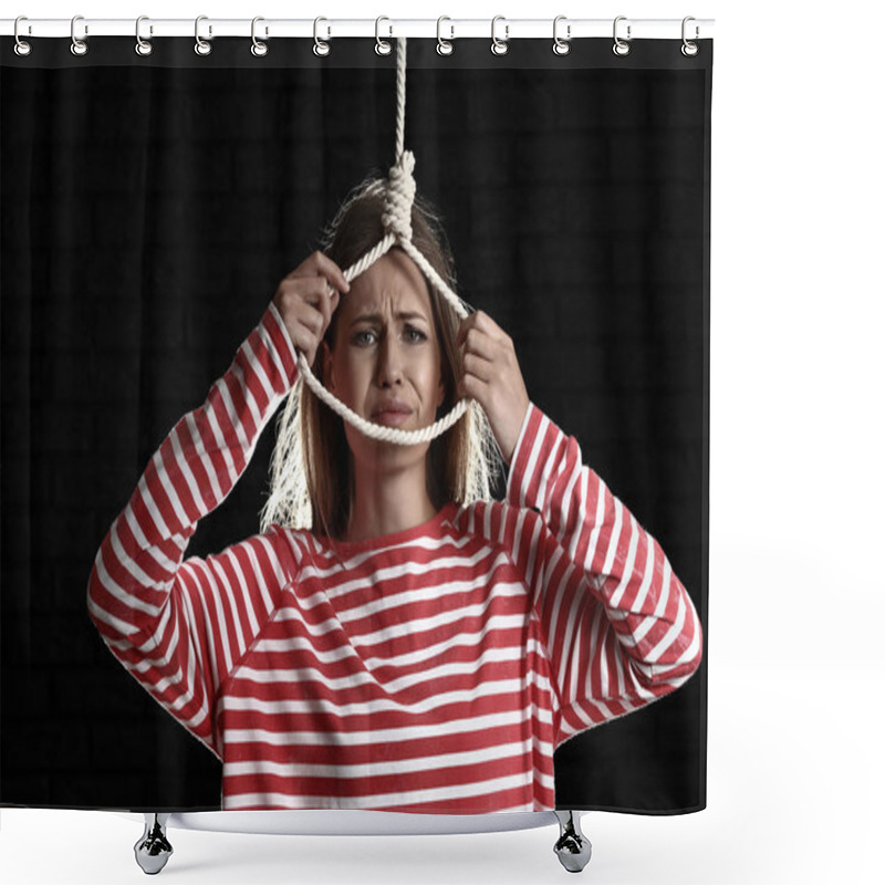 Personality  Woman With Noose On Dark Background. Suicide Concept Shower Curtains