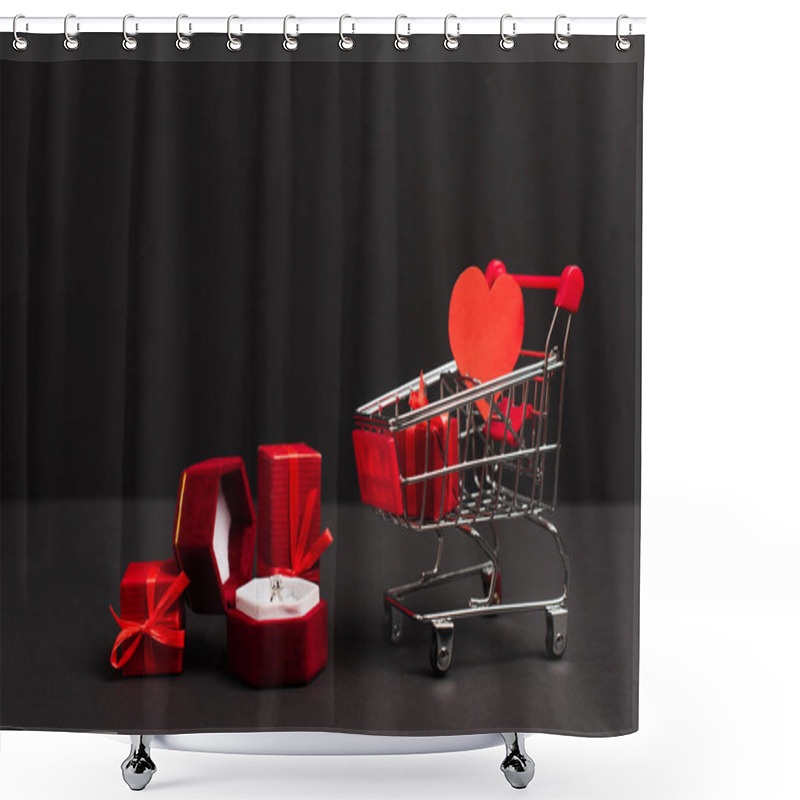 Personality  Jewelry Box With Diamond Ring Near Presents And Small Shopping Cart On Black Shower Curtains