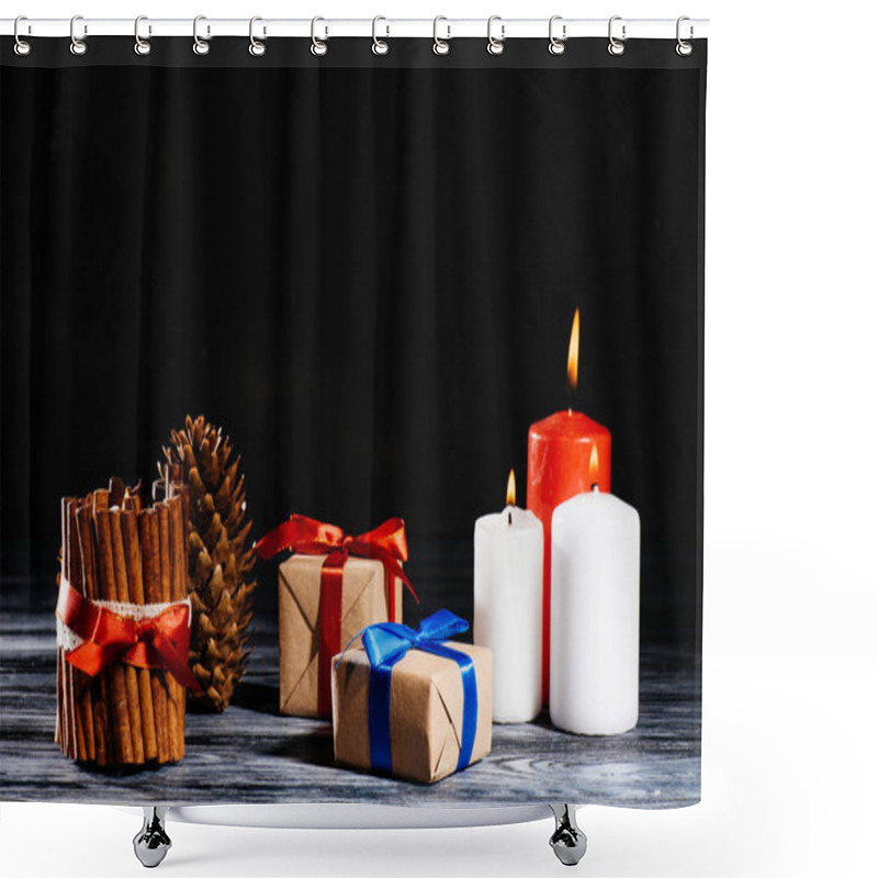 Personality  Close-up View Of Burning Candles, Pine Cone And Christmas Gifts On Wooden Table On Black Shower Curtains