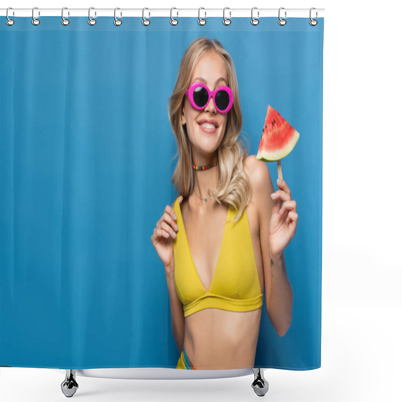 Personality  Happy Young Woman In Pink Sunglasses Holding Popsicle Stick With Watermelon On Blue Shower Curtains