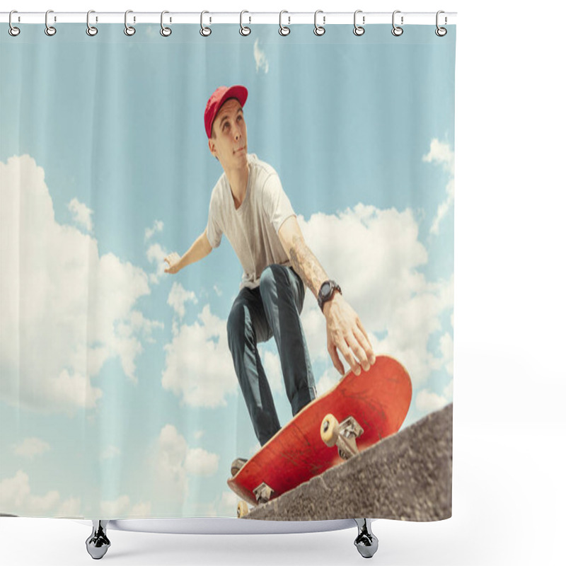 Personality  Skateboarder Doing A Trick At The Citys Street In Sunny Day Shower Curtains