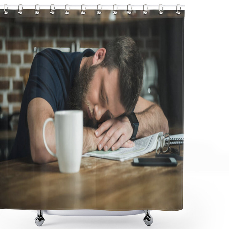 Personality  Tired Man With Newspaper On Table Shower Curtains