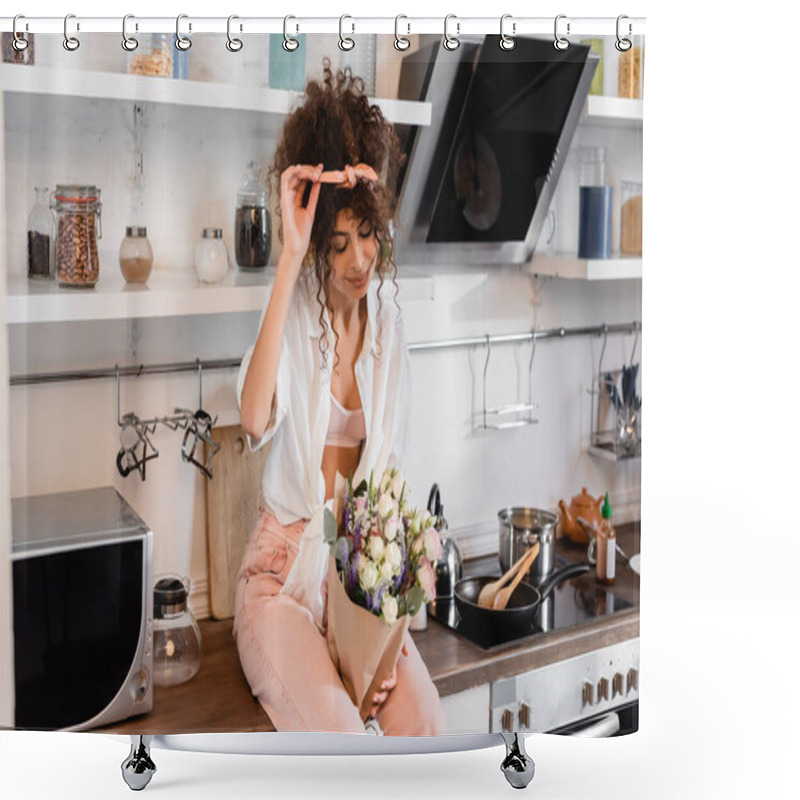 Personality  Curly Young Woman Sitting On Kitchen Table And Looking At Flowers Shower Curtains