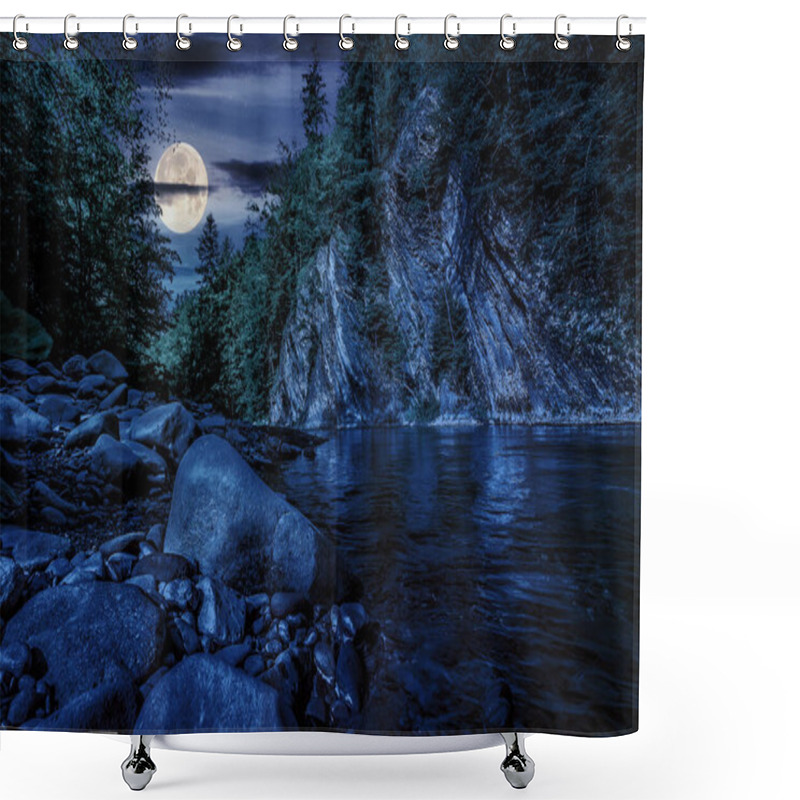 Personality  Summer Landscape At Night. Shore Of Mountain River With Stones And A Trees On Top Of A Cliff. Wonderful Countryside Scenery In Full Moon Light Shower Curtains