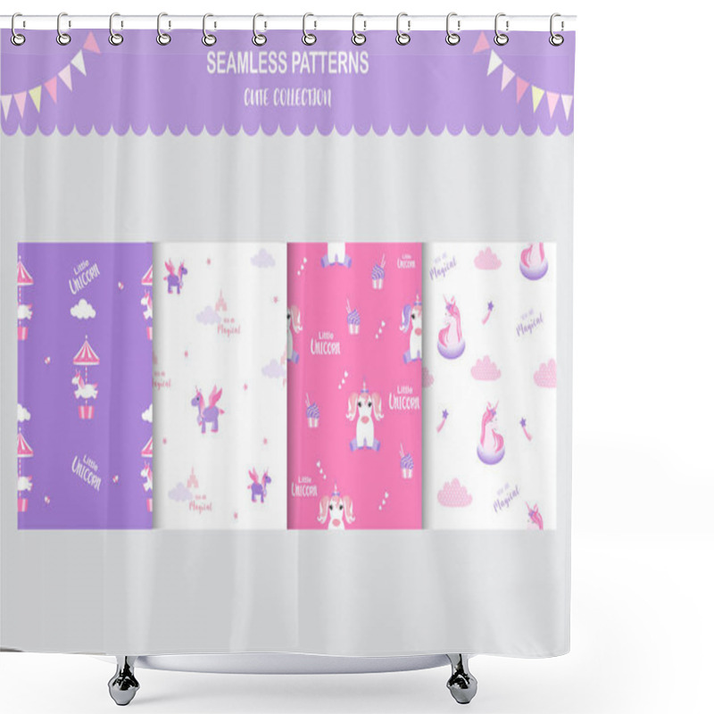 Personality  Seamless Pattern With Cute Unicorns, Clouds, Stars,rainbow And Crystals ,template,cards, Vector Illustrations Shower Curtains