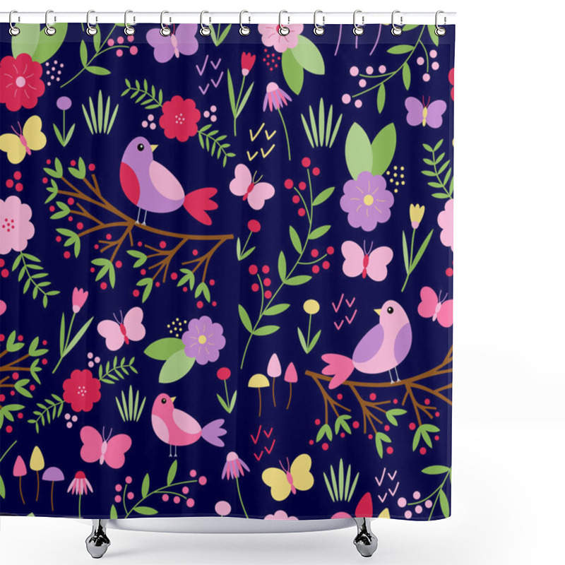 Personality  Vector Seamless Pattern Of Colourful Birds, Branches, Butterflies, Flowers And Leaves On A Navy Blue Background. Great For Wrapping Paper, Dressmaking Fabric And Bedroom Decor. Shower Curtains