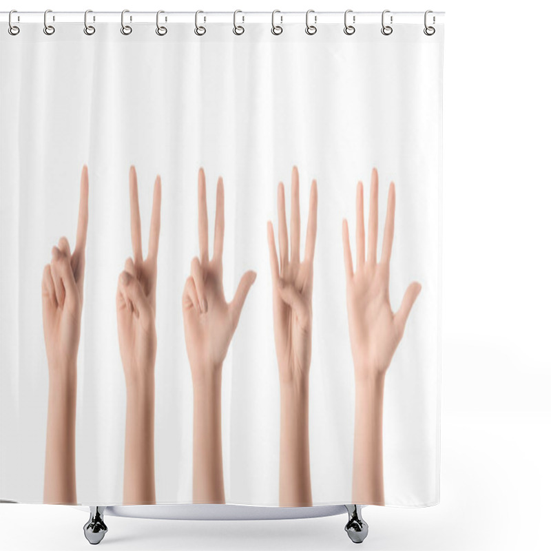 Personality  Collage Of Woman Showing Numbers With Hands Isolated On White Shower Curtains