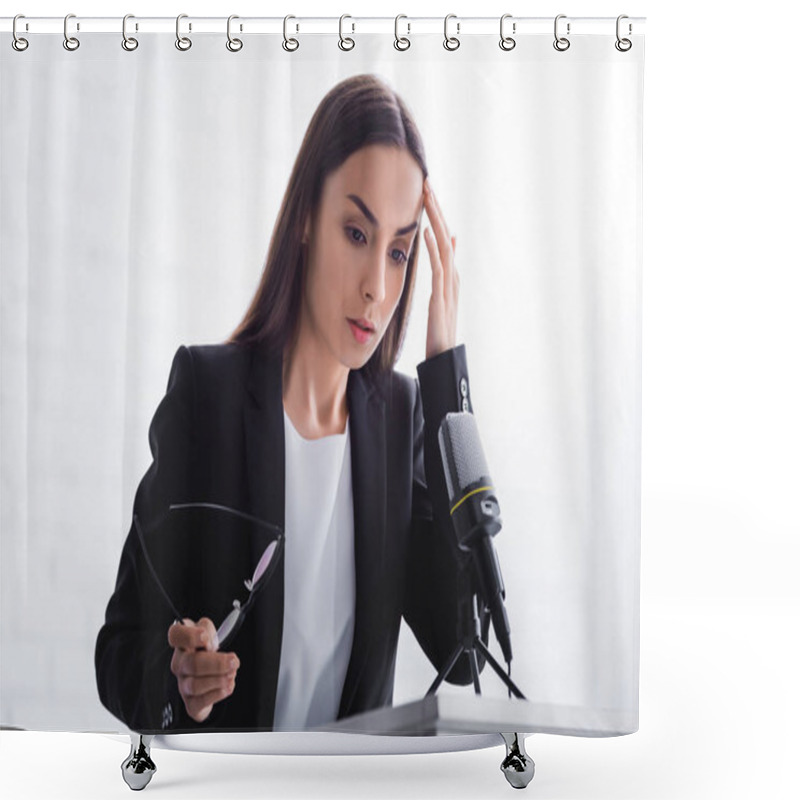 Personality  Thoughtful, Nervous Lecturer Standing On Podium Tribune And Holding Hand Near Head Shower Curtains