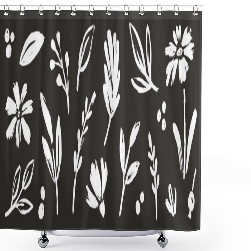 Personality  Flower Abstract Hand Drawn Brush Chalk Stroke. Sketch Hand Drawn Silhouette Floral Plant, Nature Graphic Leaf, Floral Grunge Abstract Brush. Vector Simple Flower On Chalkboard. Vector Illustration Shower Curtains