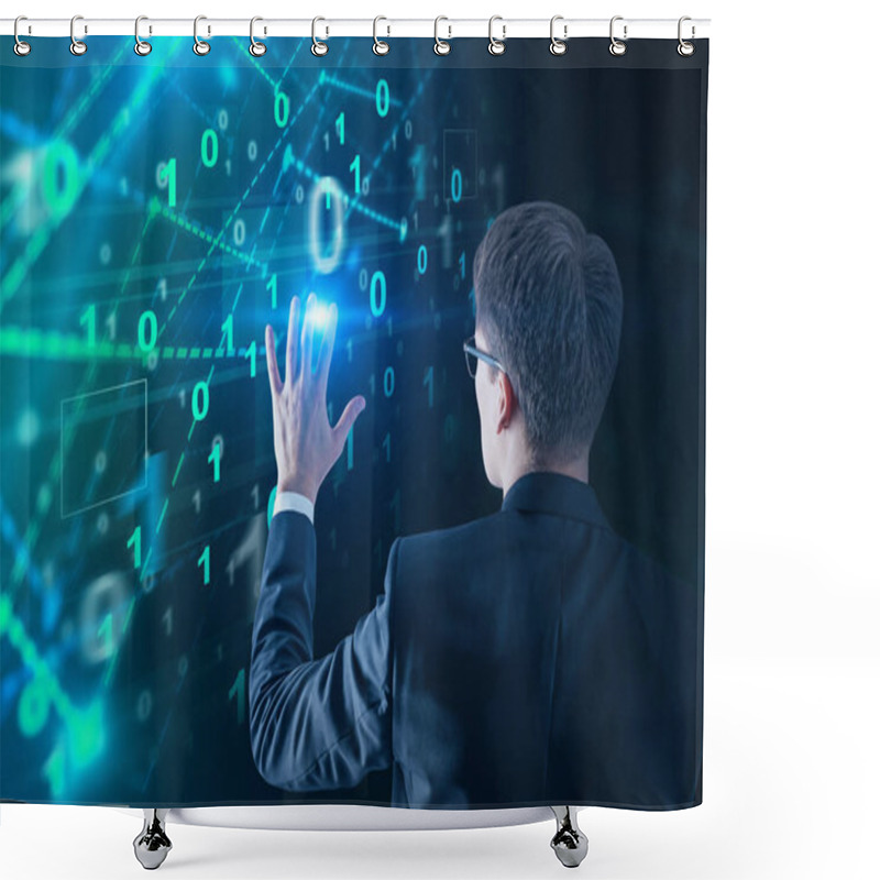 Personality  Rear View Of Businessman In Glasses Using Binary Digits Interface. Hi Tech Concept. Toned Image Double Exposure Shower Curtains