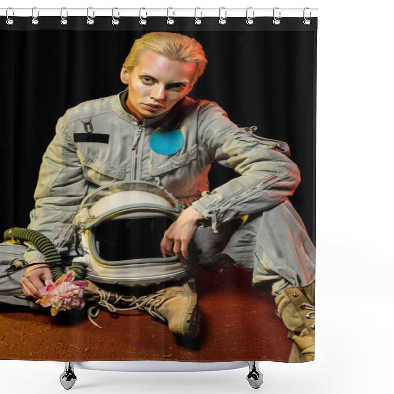 Personality  Beautiful Spacewoman In Spacesuit With Helmet And Flower Sitting On Planet Shower Curtains