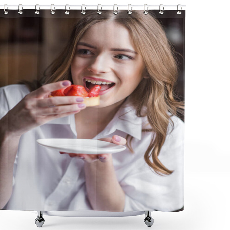 Personality  Woman With Strawberry Cake  Shower Curtains