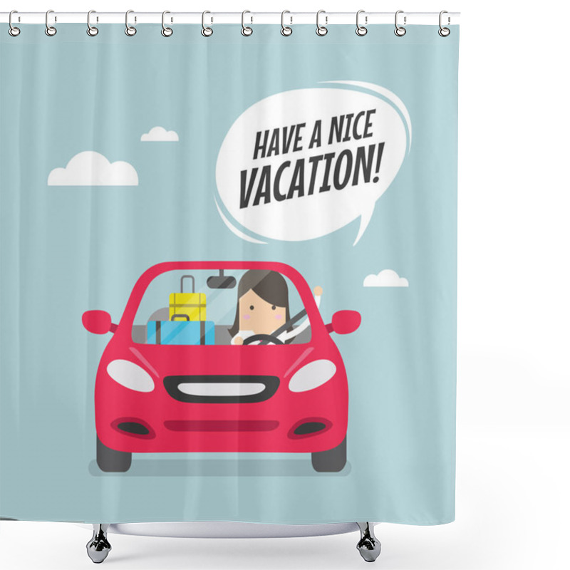 Personality  Joyful Businesswoman Traveling By Car With Suitcases And Say Have A Nice Vacation. Shower Curtains