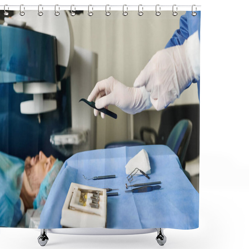 Personality  A Woman Undergoing Laser Vision Correction In A Hospital Room With A Machine. Shower Curtains