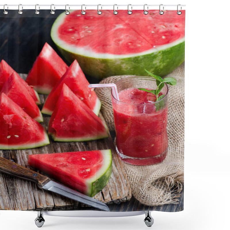 Personality  Fresh Yummy Delicious Watermelon Juice And Watermelon Slices On Burlap Shower Curtains