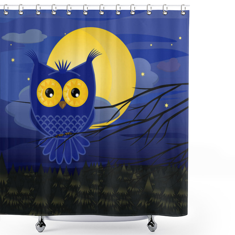 Personality  Blue Owl Cartoon Sits On A Branch Against The Background Of A Full Moon, A Night Sky And Stars Above A Pine Forest Shower Curtains