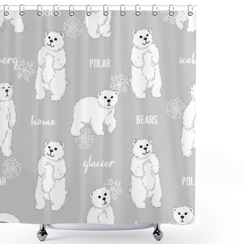 Personality  Cute White Furry Polar Bears Seamless Pattern On Gray Background, Cartoon Wild Animals, Editable Vector Illustration For Decoration, Fabric, Textile, Paper, Banner, Print Shower Curtains