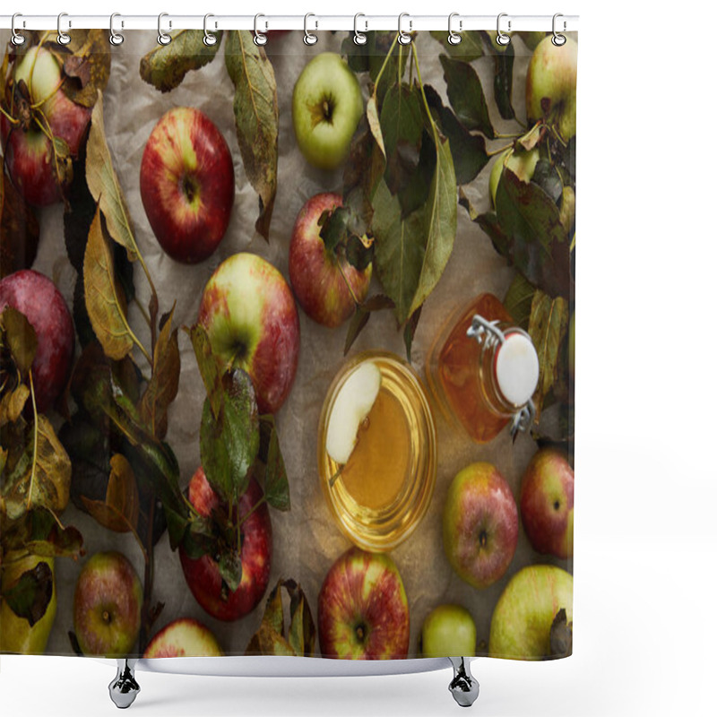 Personality  Top View Of Ripe Apples With Leaves Near Glass And Bottle Of Cider Shower Curtains