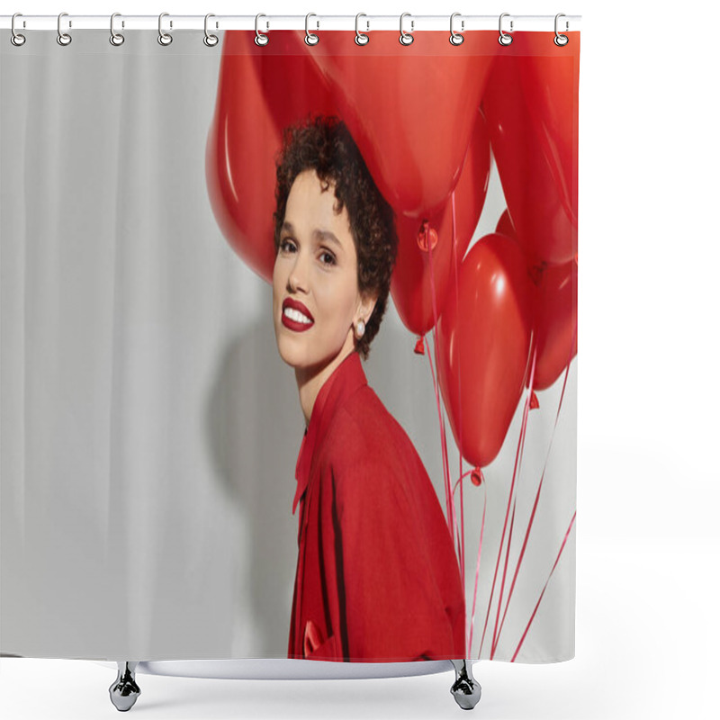 Personality  A Stylish Young Woman Beams With Joy While Holding Vibrant Red Balloons, Embracing The Moment. Shower Curtains