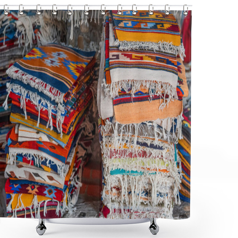 Personality  A Stunning Display Of A Variety Of Traditional Teotitlan Carpets Stacked Neatly In Oaxaca Shower Curtains