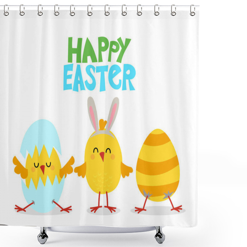 Personality  Happy Easter - Cute Chicks And Hatching Chick With Eggshell. Cartoon Easter Bunny Painting An Egg. Eggs In Basket, Flowers, Chickens, Hen And Cock Bundle. Illustration Of Funny Rabbit And Bunny Season Shower Curtains