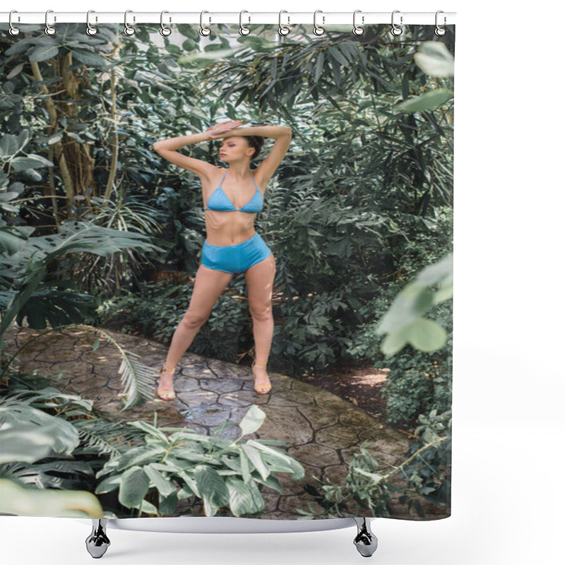 Personality  Beautiful Slim Girl In Blue Bikini Posing In Tropical Garden Shower Curtains