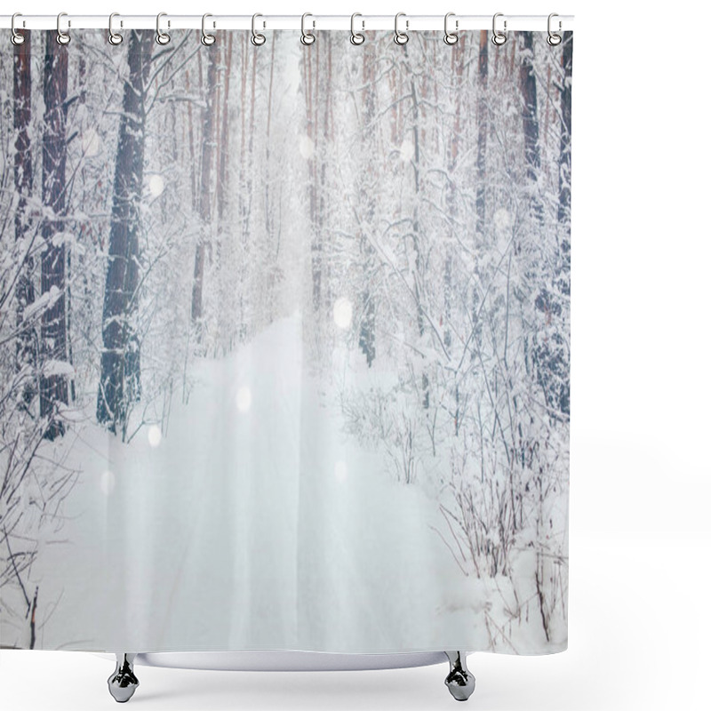 Personality  Scenic View Of Winter Forest And Blurred Falling Snowflakes Shower Curtains