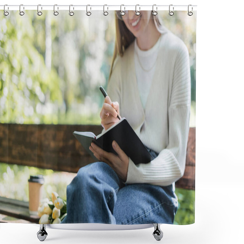 Personality  Cropped View Of Cheerful Woman Writing In Notebook And Sitting On Bench Shower Curtains