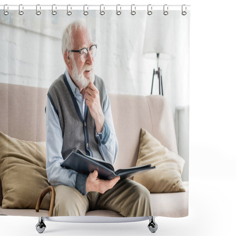 Personality  Happy Grey Haired Man Holding Photo Album, Looking Away Shower Curtains