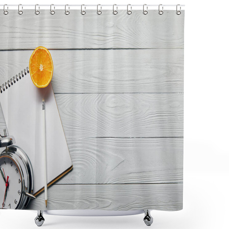 Personality  Top View Of Orange Half, Notebook And Pencil Near Alarm Clock On Wooden White Background With Copy Space Shower Curtains