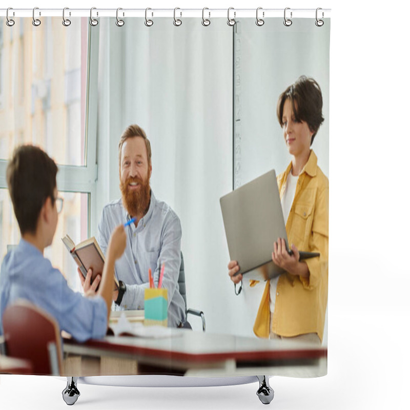 Personality  A Group Of Individuals, Including A Teacher, Engaged In A Collaborative Learning Session Around A Table With Laptops In A Bright And Lively Classroom Setting. Shower Curtains