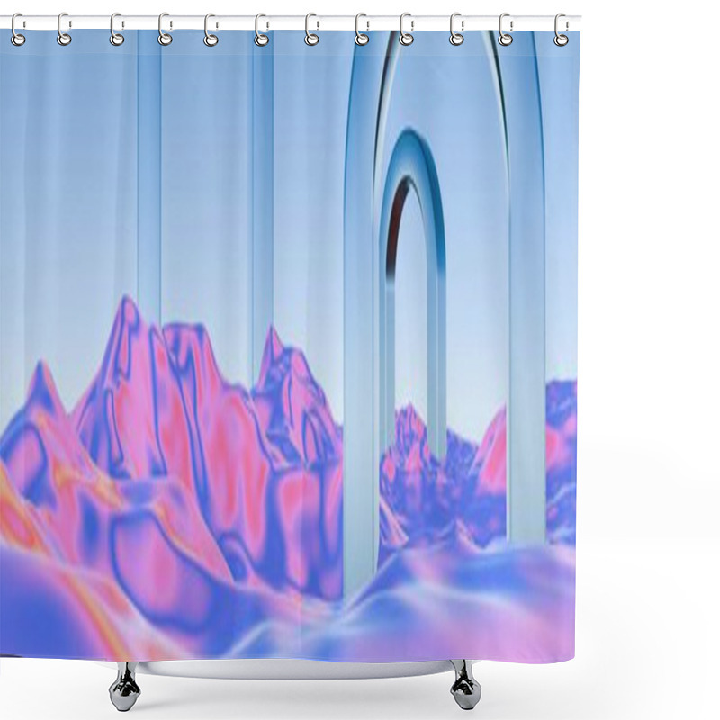 Personality  Surreal Landscape With Metallic Arches And Vibrant Fluid Terrain Shower Curtains