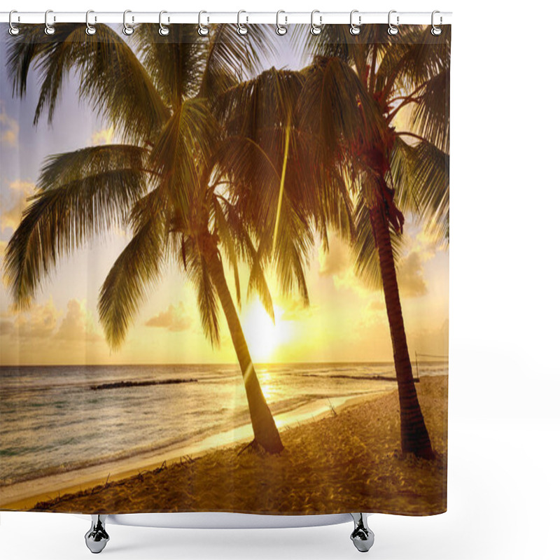 Personality  Beautiful Sunset Over The Sea With A View At Coconut Palms On The White Beach On A Caribbean Island Of Barbados Shower Curtains