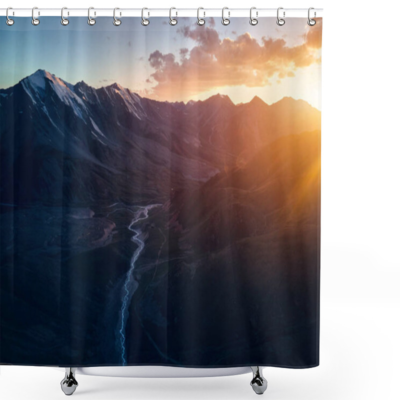 Personality  Beautiful Scenery Of The Mountains  With Snow Glacier And River In Silhouette At Orange Sunset Sky Almaty, Kazakhstan. Outdoor And Hiking Concept, Aerial Drone Top Shot Shower Curtains