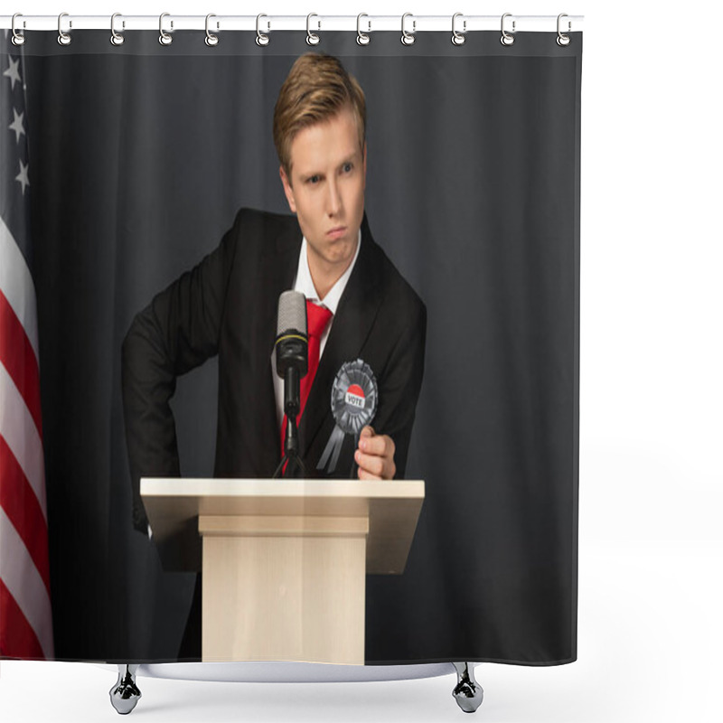 Personality  Angry Emotional Man On Tribune With American Flag On Black Background Shower Curtains