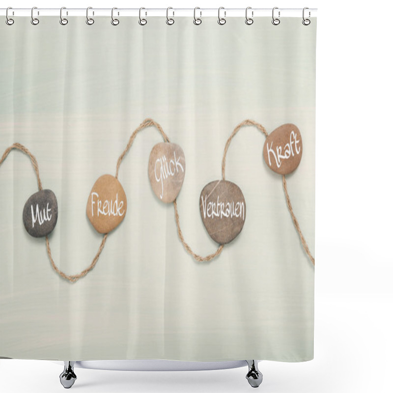 Personality  Five Stones With German Text For: Courage, Happiness, Luck, Trus Shower Curtains