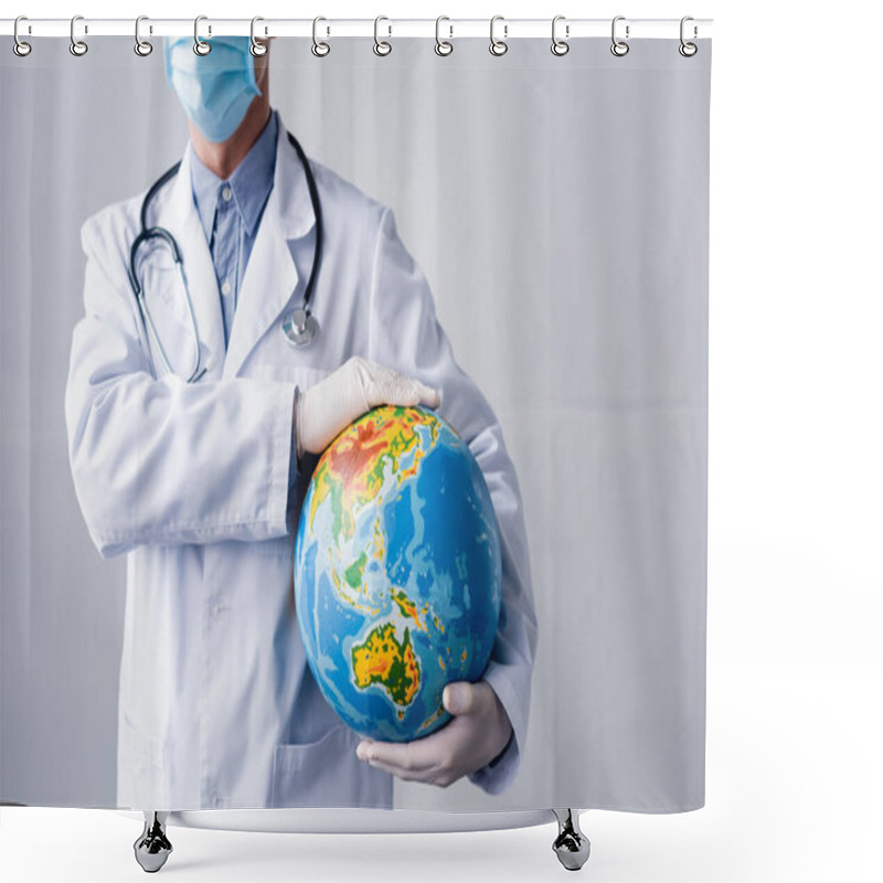 Personality  Cropped View Of Mature Doctor In Latex Gloves And Medical Mask Holding Globe On Grey  Shower Curtains