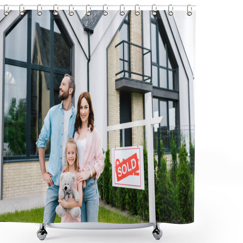 Personality  Cheerful Kid Holding Teddy Bear And Standing With Parents Near House And Sold Lettering On Board  Shower Curtains