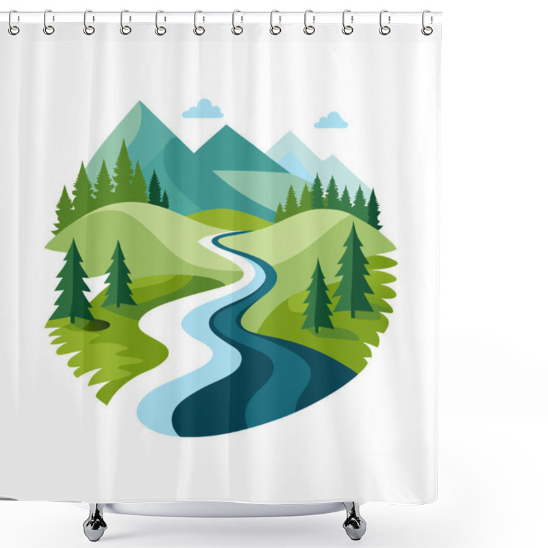 Personality  Scenic Mountain River Landscape With Green Hills And Trees Shower Curtains