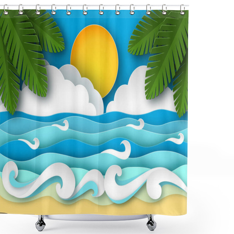 Personality  Sea Waves And Tropical Beach In Paper Art Style. Travel Concept Vector Illustration. Summer Vacation Poster In Paper Cut Design Shower Curtains