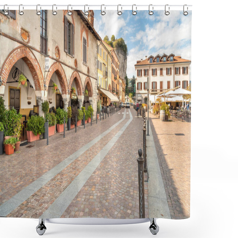 Personality  Arona, Piedmont, Italy - September 25, 2019: View Of Central Square - Piazza Del Popolo With Traditional Bars, Restaurants And Shops In Center Of Arona, Located On The Shore Of Lake Maggiore In Piedmont, Italy Shower Curtains