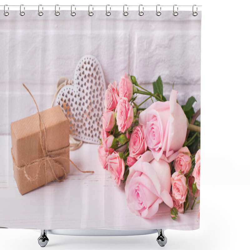 Personality  Pink Roses Flowers, Decorative Heart  And  Wrapped Box With Present On White Wooden Background. Floral Still Life.  Selective Focus. Shower Curtains